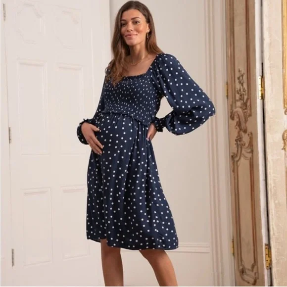 blue and white polka dot maternity dress Navy Polka Dot Smocked Maternity Dress main image 1